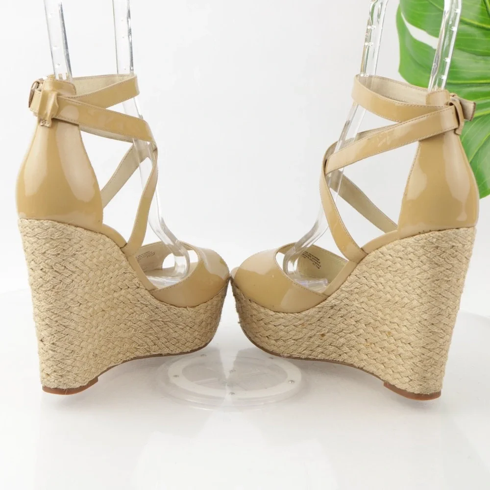 Michael Kors Womens Gabriella Sandal Size 8.5 Tan Patent Espadrille Wedge Shoes